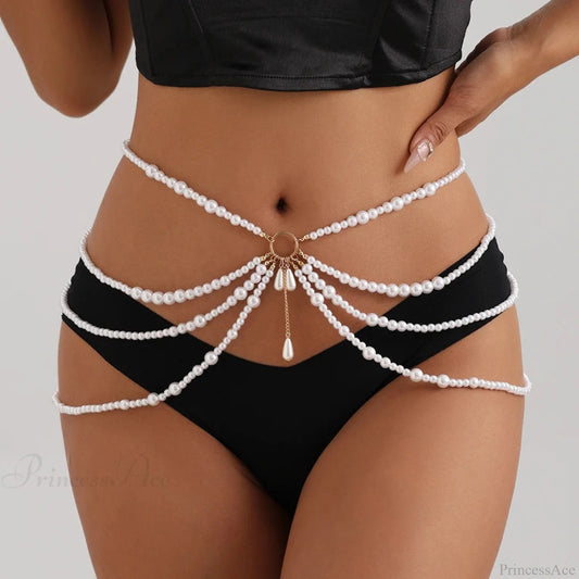 Multilayer Gothic Pearl Waist Chain Belt white