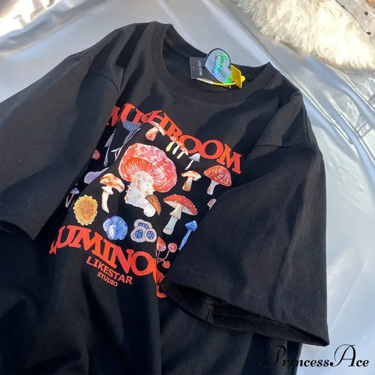 Mushroom Luminous Stylish Printed Tee Letter Print Cotton Tees