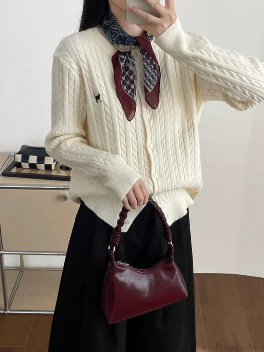 Navy Blue Cable Knit Cartoon Embroidered Trendy Cardigan Christmas Sweater Beige / One Size