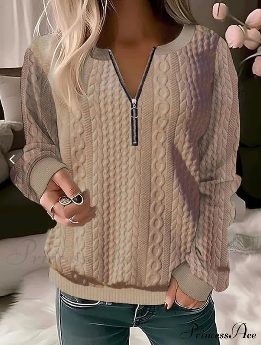 Neck Sweatshirt Arm Women’s Blue Zip V Long Textured Casual Solid Color Quarter Top B / S