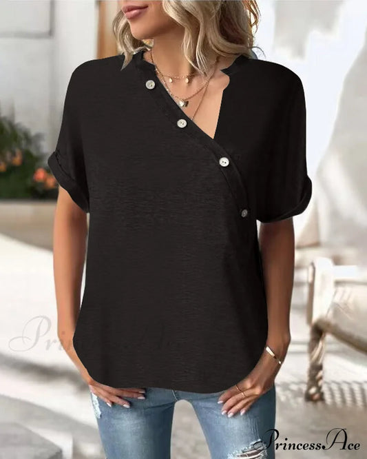 Solid Color Irregular Collar T-Shirt Black 23BF clothes Short Sleeve Tops Spring Summer T-shirts Tops/Blouses