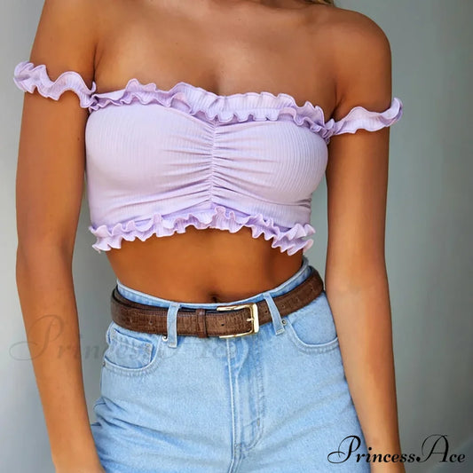 New 2024 Cute Purple Off Shouler Crop Ruffles T Shirttube For Women Summer Clothes Tank Top