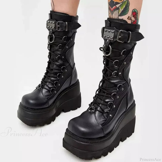 New Dark Platform Rivet Punk Wedge Boot Black / 35