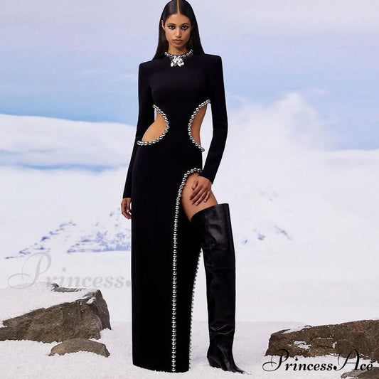 O Black Long Bodyband Sexy Beaded Women’s Cutout Gown Neck Party Celebrity Dress / Xs