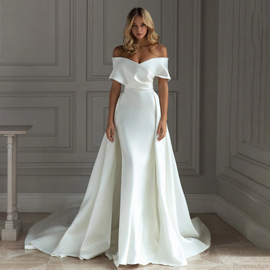 Off-Shoulder Satin Tail Wedding Dress White / XS weddingdress-250223