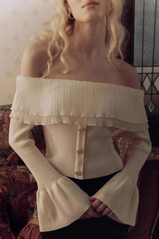 Off-the-Shoulder French Button-Panel Knit Sweater White / S