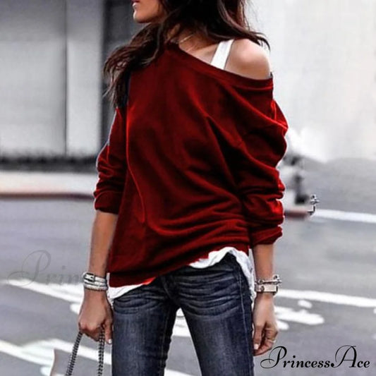 Women's New Fashion Style One Shoulder Soft Long Sleeve Top Wine Red __stock:50 clothes refund_fee:800 tops