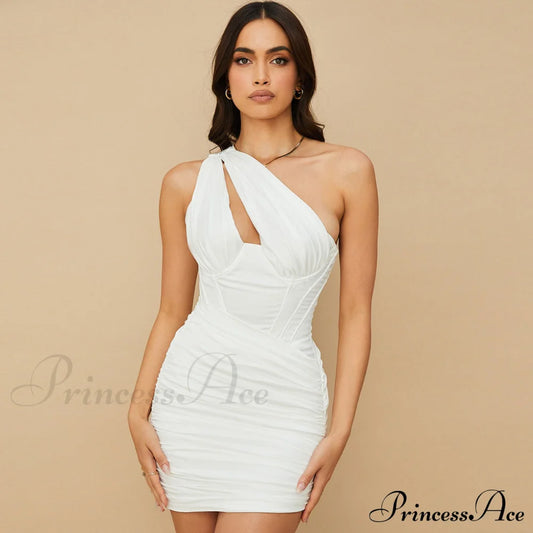 One Shoulder Cut Out Ruched Classic Mesh Party Mini Dress - Green S / White Dresses-L