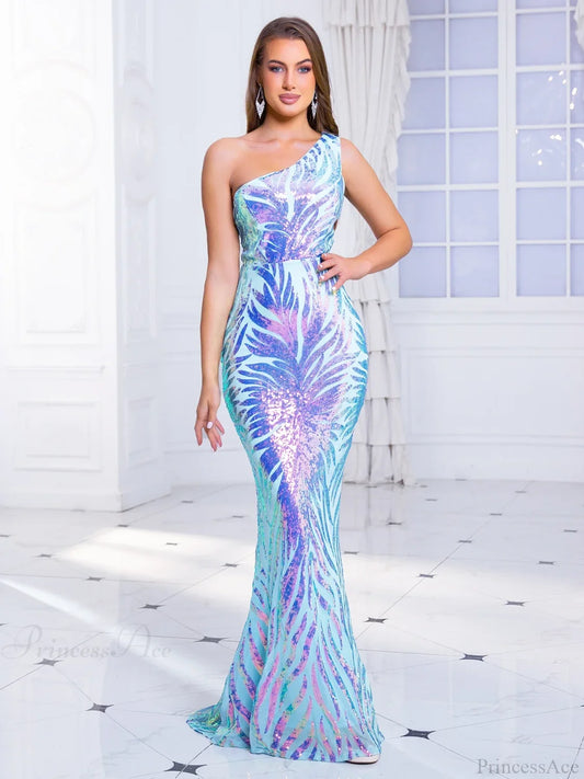 One-Shoulder Stretch Sequin Party Dress Blue / S Partydress-241208