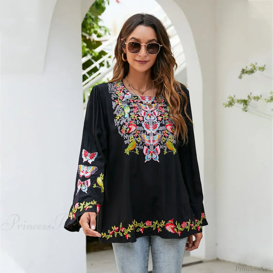 Oversize Floral Embroidery Loose Cotton Boho Blouse Black / S bohoblouse-250126