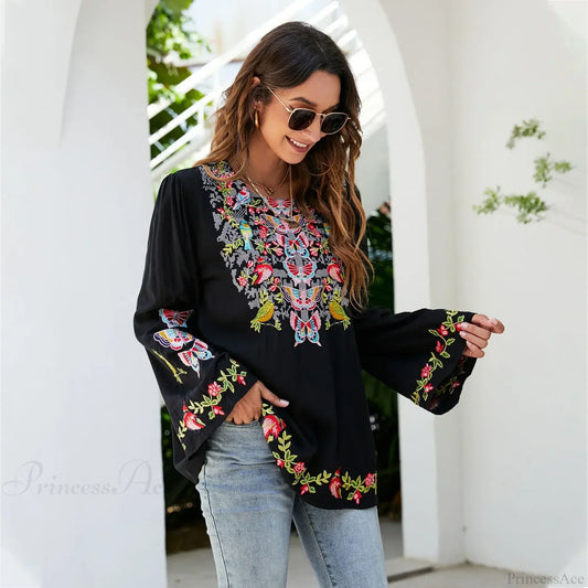 Oversize Floral Embroidery Loose Cotton Boho Blouse bohoblouse-250126