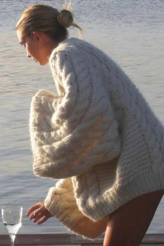 Oversized Cable Knit Crew Neck Sweater White / S