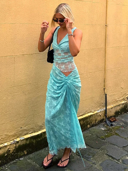 Patchwork Lace V-neck Skirt Vacation Dress vacationdress-250223