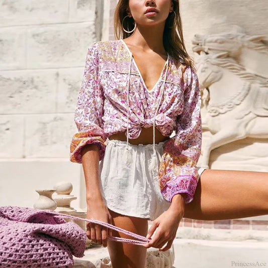 Pink Floral Printed Loose Long Sleeve Boho Blouse blouse / S bohoblouse-250126