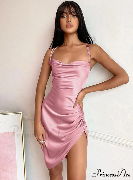 Pink Satin Bodycon Sling Slit Dress For Women S / Khaki Dresses