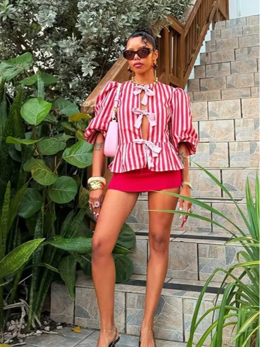 Pink Stripe Bow Lace Up Short Blouse blouse-250223