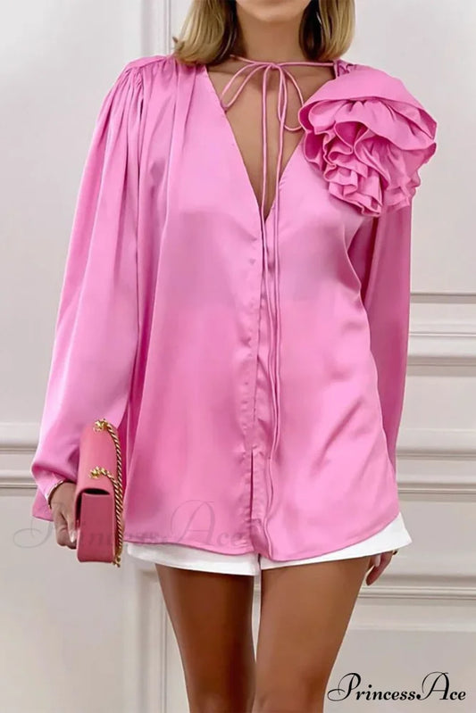 Pink V Neck Floral Lace-Up Blouse With Ruched Detail / S Blouses