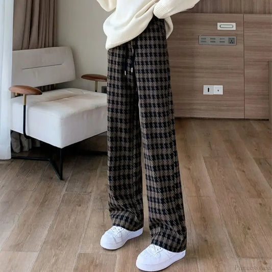 Plaid Drawstring Casual Wide Leg Pants