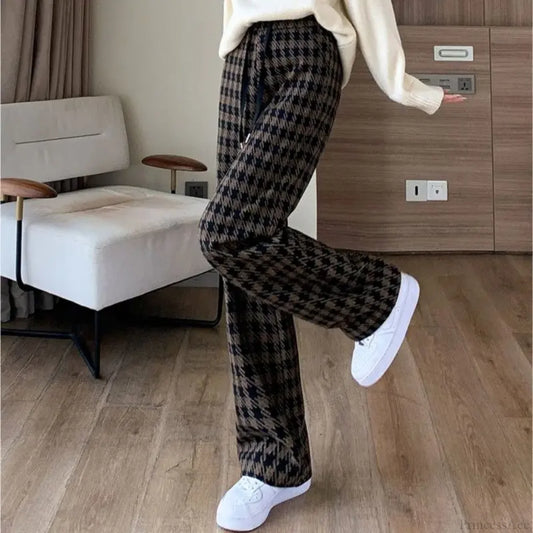 Plaid Drawstring Casual Wide Leg Pants Coffee / S