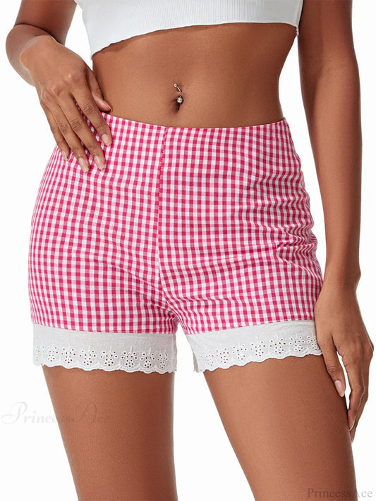 Plaid Lace Crochet Hem Short short-250223