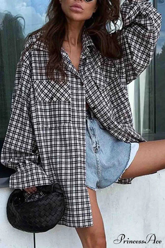 Plaid Lantern Sleeve Long Blouse With Drop Shoulder / M Blouses