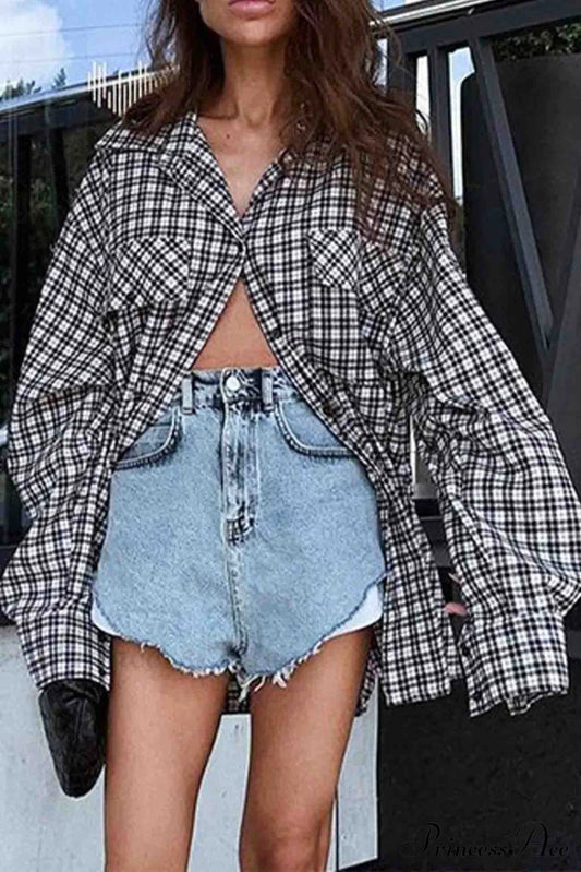 Plaid Lantern Sleeve Long Blouse With Drop Shoulder / S Blouses