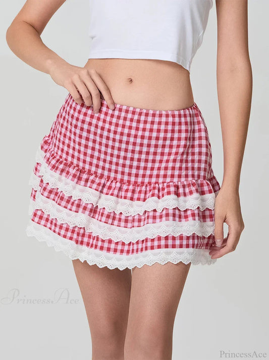 Plaid Layered Lace Zip Skirt skirts-250223