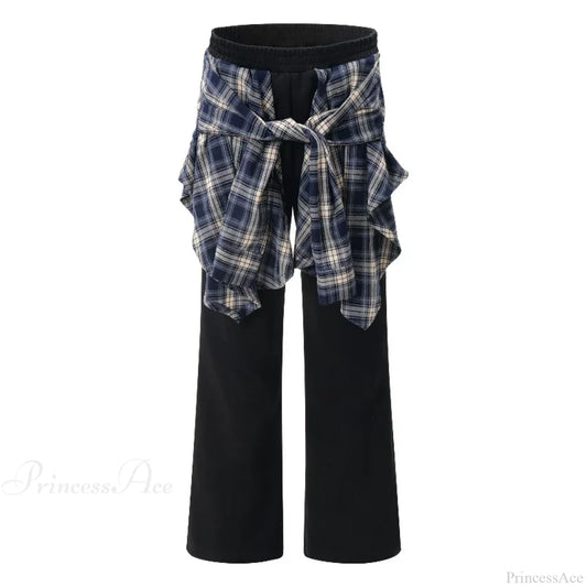 Plaid Patchwork High Waist Pants Black / S