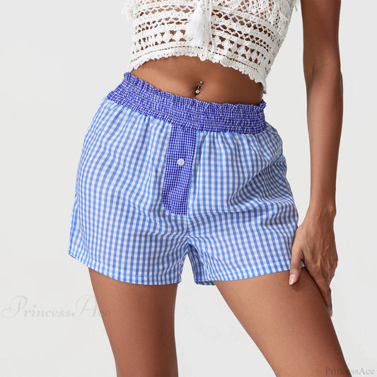 Plaid Patchwork Loose Lounge Short Blue / S short-250223
