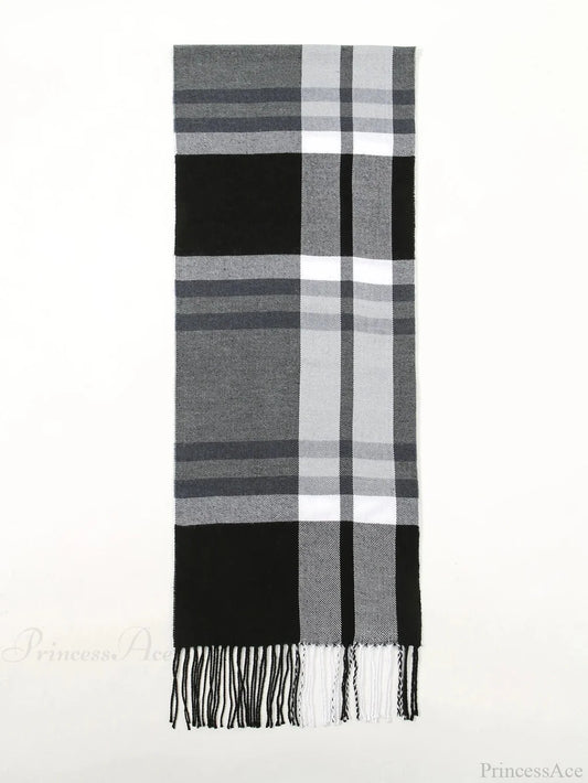 Plaid Print Cashmere Winter Pashmina Scarf With Tassels Grey 1 Scarfs-L