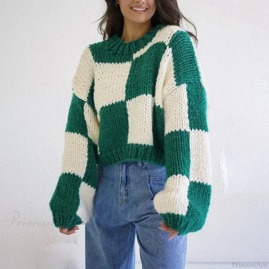 Plaid Print Cropped Comfy Sweater Green / S