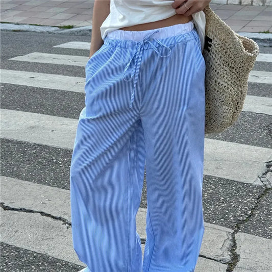 Plaid Print Elastic Drawstring Work Office Pant Blue / S pant-250223
