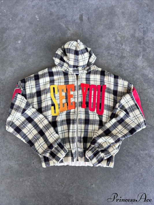 Plaid Rainbow Letter Print Loose Zipper Hoodie Plaid / S