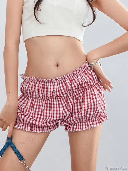 Plaid Ruffled Vintage Short Red / S short-250223