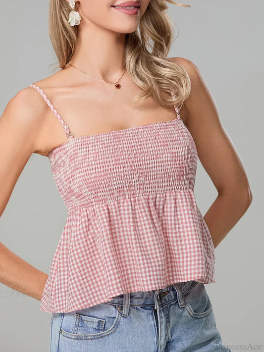 Plaid Smocked Backless Spaghetti Strap Frill Hem Crop Top croptop-250126