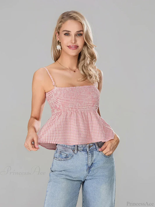Plaid Smocked Backless Spaghetti Strap Frill Hem Crop Top Pink / S croptop-250126