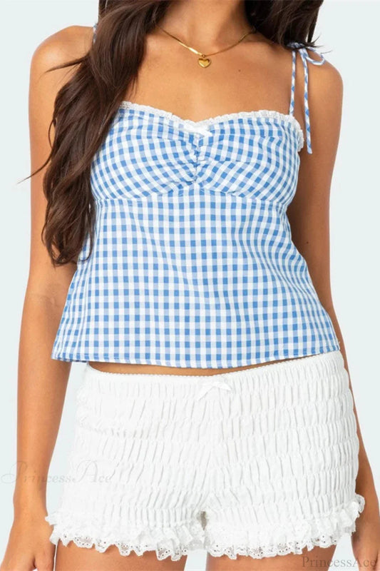 Plaid Tie-up Backless Ruched V-neck Crop Top Blue / S croptop-250126