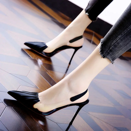 Pleated Pointed Thin Heeled Shoes Summer Sexy Back Empty Shallow Mouth High Heel Black / 34