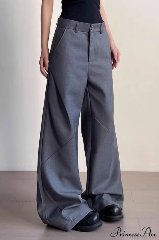 Premium Gray Ruched Drapey Wide Leg Pants Grey / S