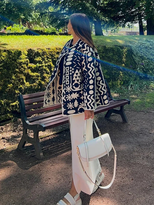 Print Cotton Single-Breasted O-neck Overcoat Black / S