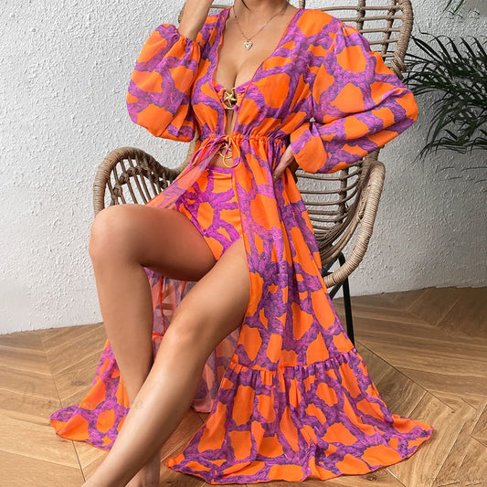 Print One-Piece Swimsuit Cover Up pink1 / S