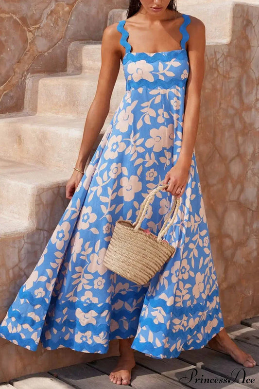 Printed Square Neck Charming Strap Maxi Dress Light Blue / S Dresses