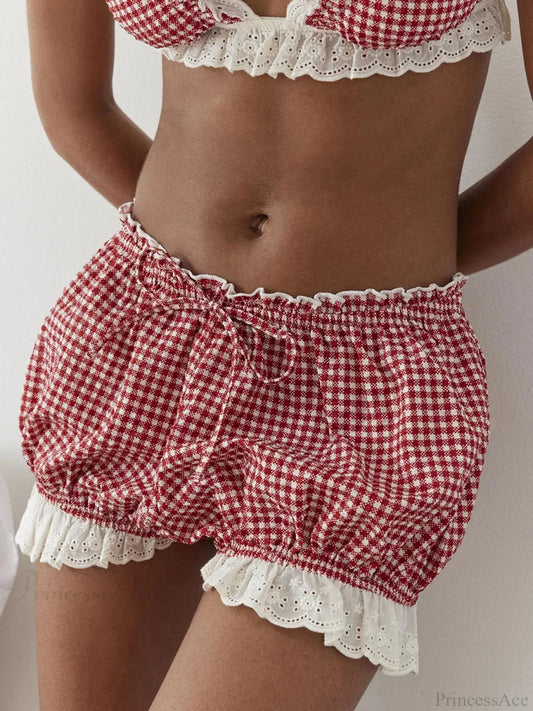 Red Gingham Lace Trim Bloomer Short Red / S short-250223