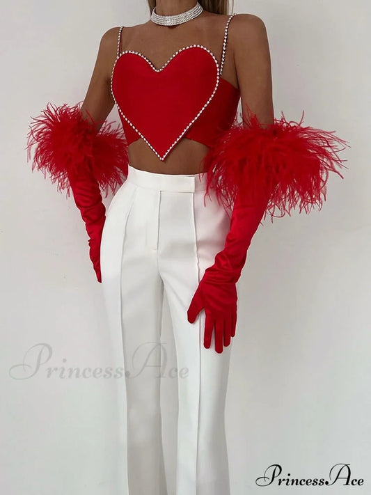 Red Heart Cut Out Rhinestone Strap Crop Top - Free From Label