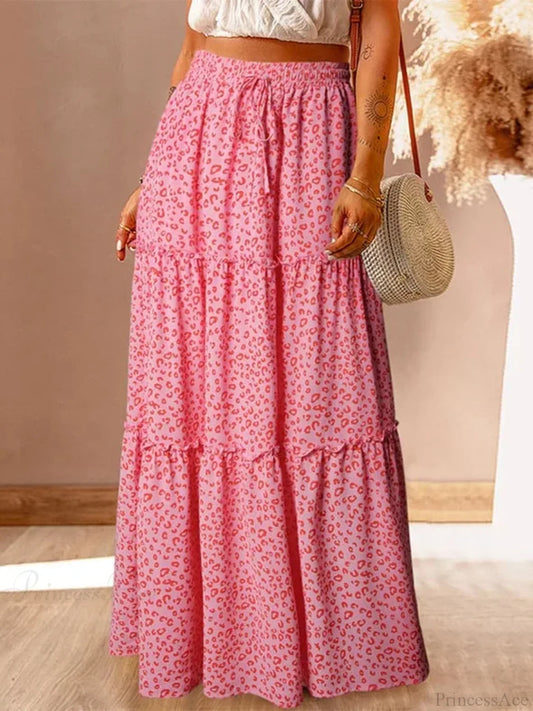 Retro Bohemian Spring Floral A-Line High Waist Maxi Skirt Pink / S skirt-250126