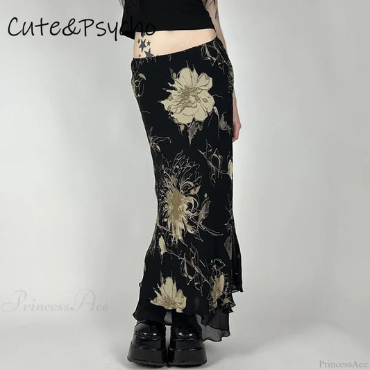 Retro Floral Fairycore Long Skirt Black / S