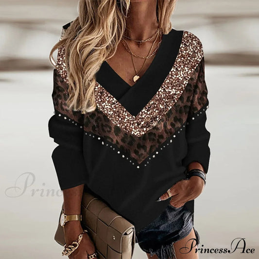Retro Leopard Print Contrast Color V-Neck Pullover