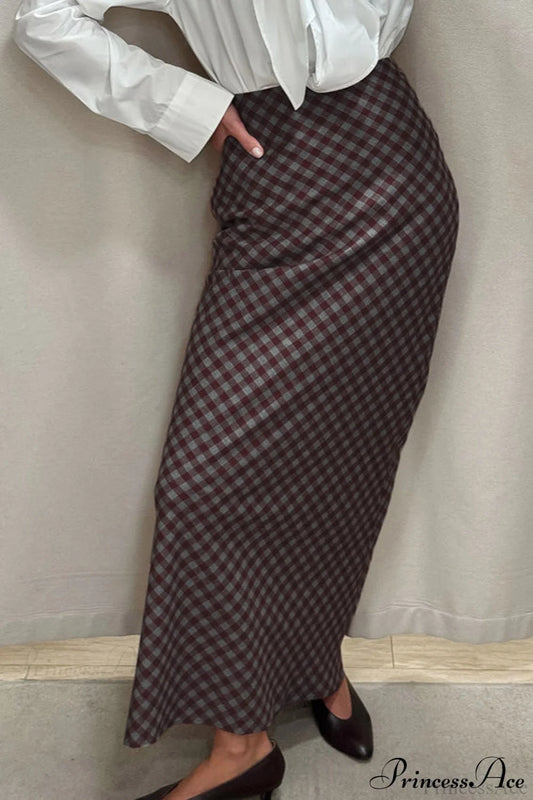 Retro Plaid Cotton Maxi Straight Skirt