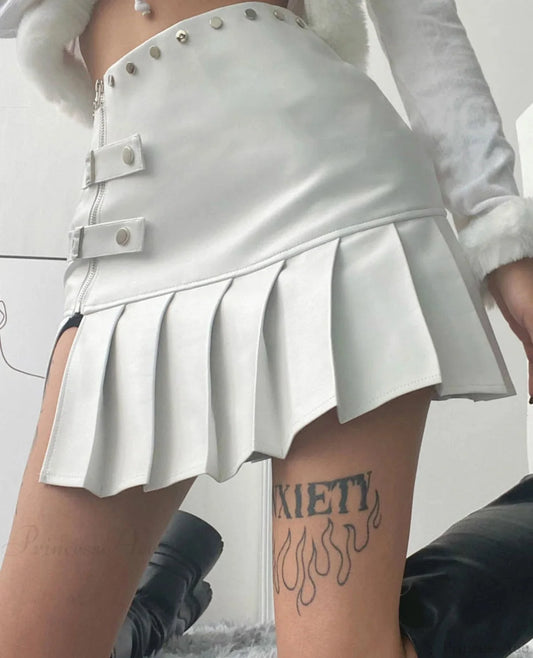 Retro PU Leather Pleated Mini Skirt White / S