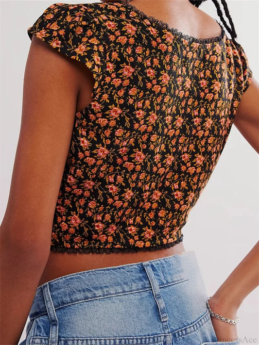 Retro Slim Fit Floral Button V-neck Crop Top croptop-250126